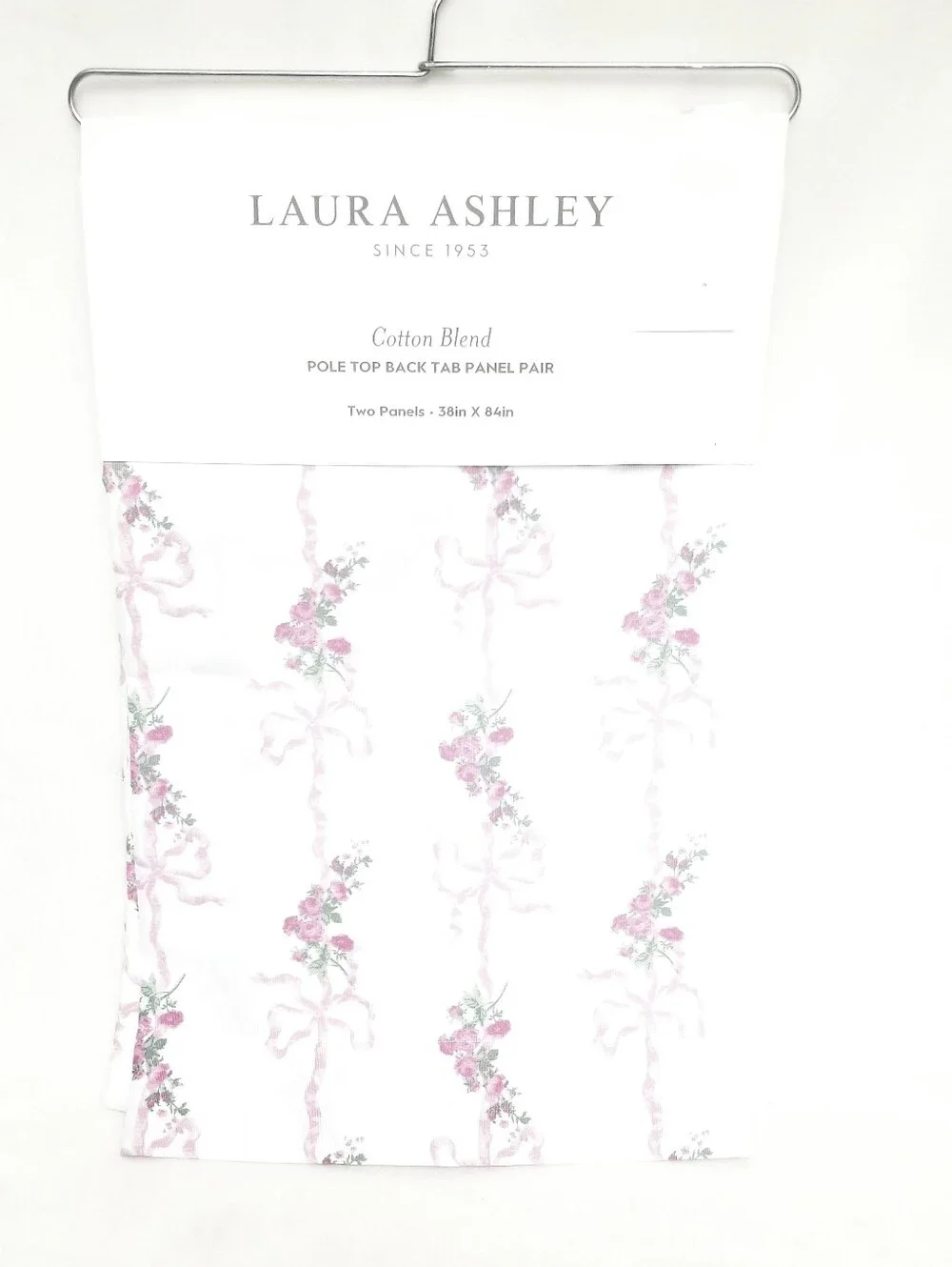 Laura Ashley White and Pink Floral Ribbon Pole Top Curtains Bow Curtain Set Of 2